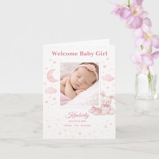 Soft Pink Stars & Moon Baby Birth Announcement カード (蘭)