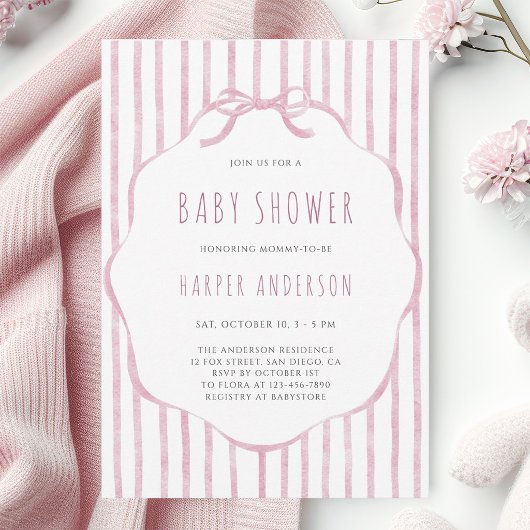 Soft Pink Stripes with Frame Girl Baby Shower 招待状