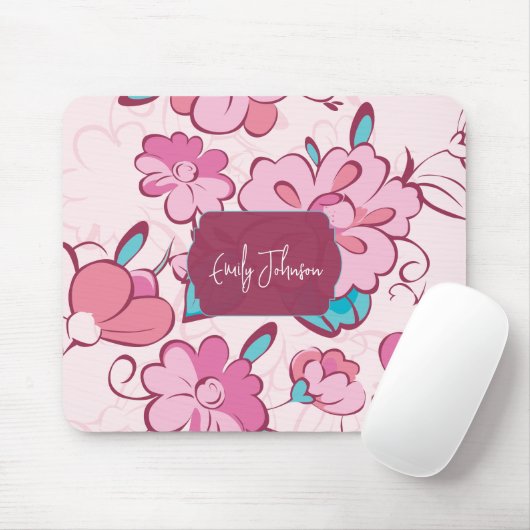 Soft Pink Teal Floral Monogram Design Custom Name マウスパッド (マウス)