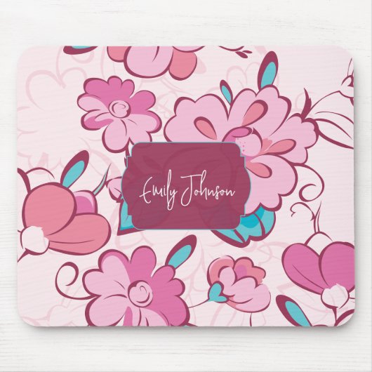 Soft Pink Teal Floral Monogram Design Custom Name マウスパッド (正面)