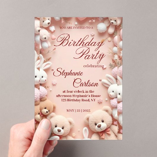 Soft Pink Teddy Bear Birthday Invitation アクリル招待状 (インサイチュ (ポータブル))