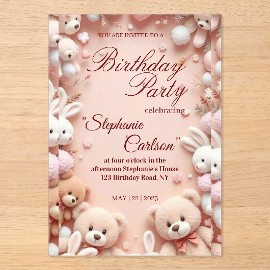 Soft Pink Teddy Bear Birthday Invitation アクリル招待状 (正面)