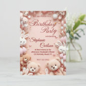 Soft Pink Teddy Bear Birthday Invitation セーブザデート (スタンド正面)