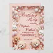 Soft Pink Teddy Bear Birthday Invitation セーブザデート (正面/裏面)