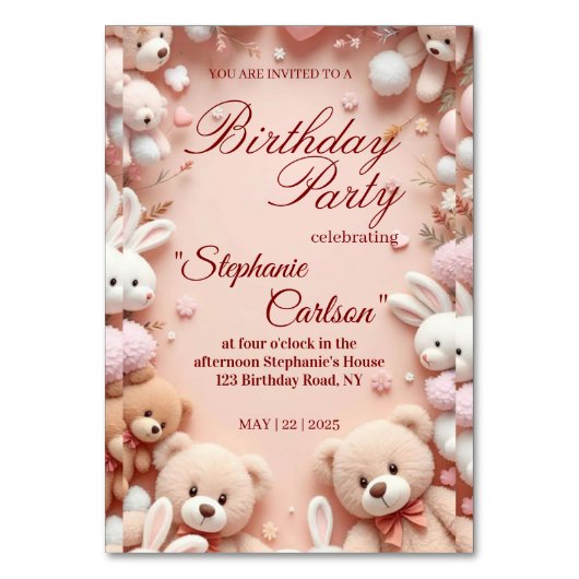 Soft Pink Teddy Bear Birthday Invitation テーブルナンバー (正面)