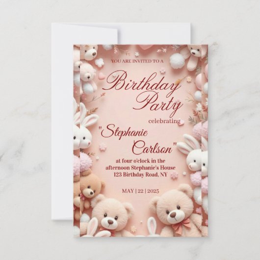 Soft Pink Teddy Bear Birthday Invitation 出欠カード (正面)