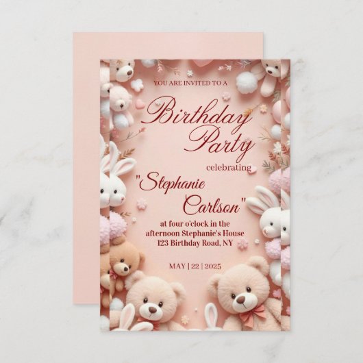 Soft Pink Teddy Bear Birthday Invitation 出欠カード (正面/裏面)