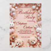 Soft Pink Teddy Bear Birthday Invitation 箔招待状 (正面)