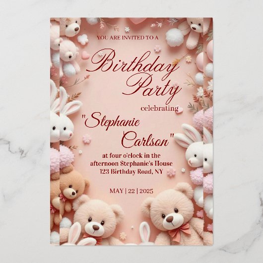 Soft Pink Teddy Bear Birthday Invitation 箔招待状 (正面)