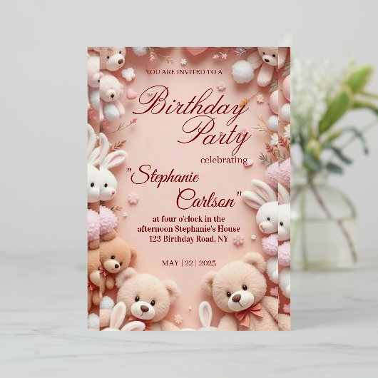 Soft Pink Teddy Bear Birthday Invitation 箔招待状 (立ち正面)