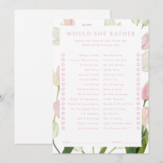 Soft Pink Tulip Bridal Would She Rather Game Card 招待状 (正面/裏面)