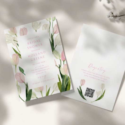 Soft Pink Tulip QR Code Bridal Shower 招待状
