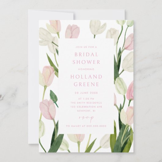 Soft Pink Tulip QR Code Bridal Shower 招待状 (正面)