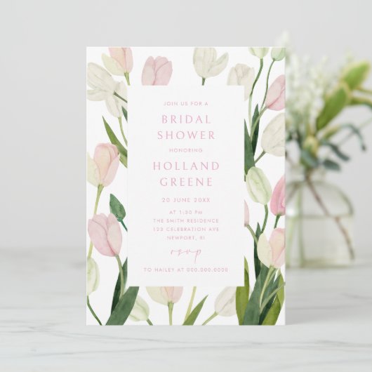 Soft Pink Tulip QR Code Bridal Shower 招待状 (スタンド正面)
