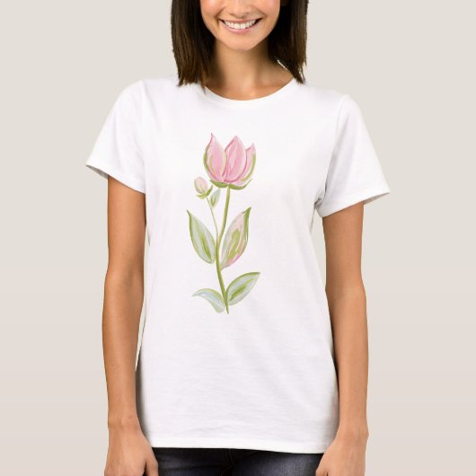 Soft Pink Tulip Watercolor Botanical Illustration Tシャツ (正面)
