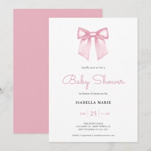 Soft Pink Watercolor Bow Baby Shower Invitation 招待状 (正面/裏面)
