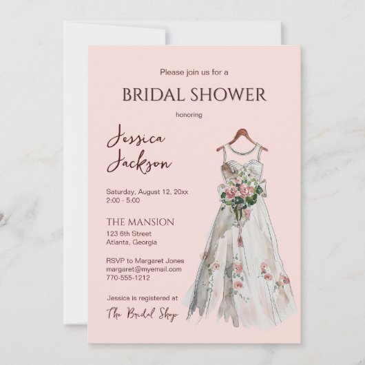 Soft Pink Watercolor Bridal Gown Shower Invitation (正面)