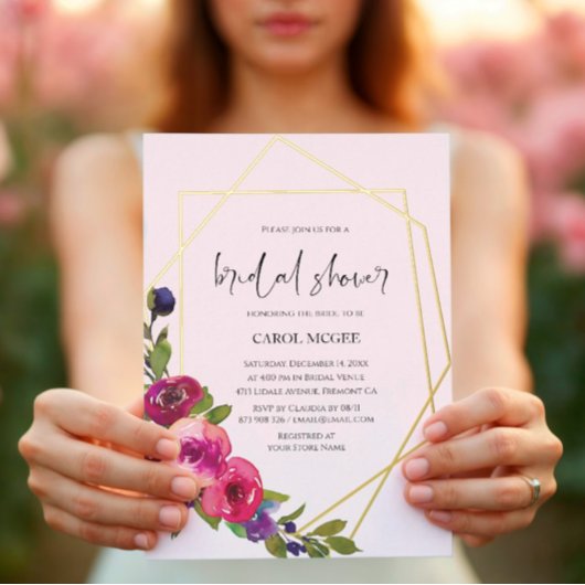 Soft Pink Watercolor Floral Foil Invitation 箔招待状