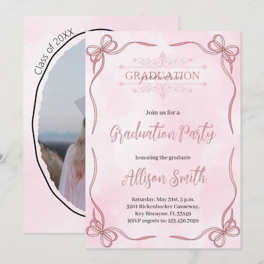 Soft pink watercolor grade invitation with bow 招待状 (正面/裏面)