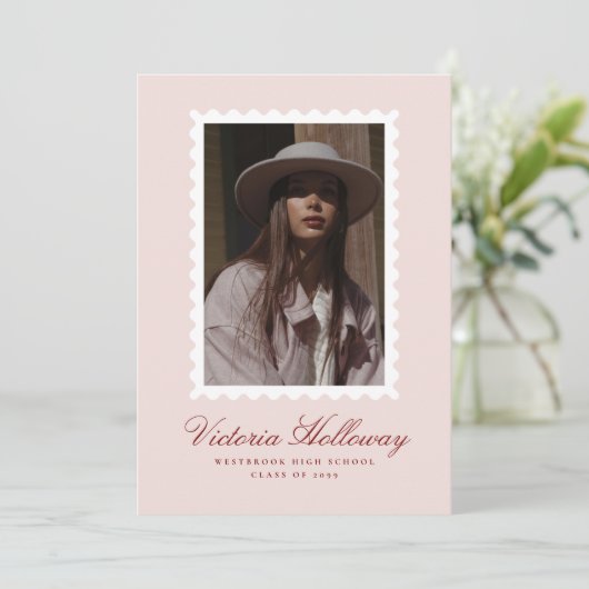 Soft Pink White Stamp Graduation Announcement card 招待状 (スタンド正面)