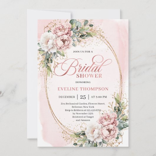 Soft Powder Pink Floral Bridal Shower Invitation 招待状 (正面)