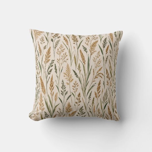 Soft Prairie Grass Botanical Watercolor Pattern クッション (正面)