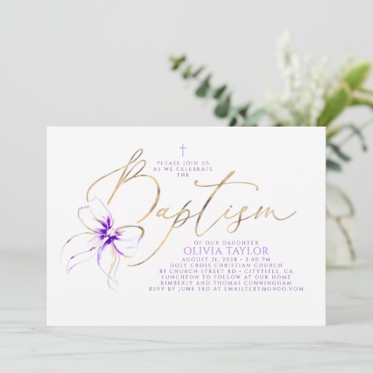 Soft Purple Bow Elegant Minimalist Modern Baptism 招待状 (スタンド正面)