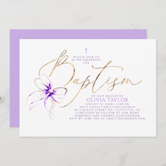 Soft Purple Bow Elegant Minimalist Modern Baptism 招待状 (正面/裏面)
