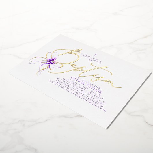 Soft Purple Bow Elegant Minimalist Modern Baptism 箔招待状 (回転した状態)