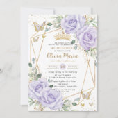 Soft Purple Lilac Floral Butterflies Quinceanera 招待状 (正面)