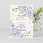 Soft Purple Lilac Floral Butterflies Quinceanera 招待状 (スタンド正面)
