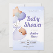 Soft Purple Watercolor Baby Shower with Teddy Bear 招待状 (正面)