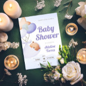Soft Purple Watercolor Baby Shower with Teddy Bear 招待状