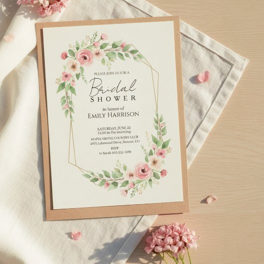 Soft Rose Bridal Shower Geometric Gold Wreath 招待状