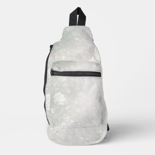 Soft sage and frosted white florals AI art  スリングバッグ (正面)