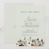 Soft Sage Botanical Save the Date Wedding 招待状 (正面/裏面)