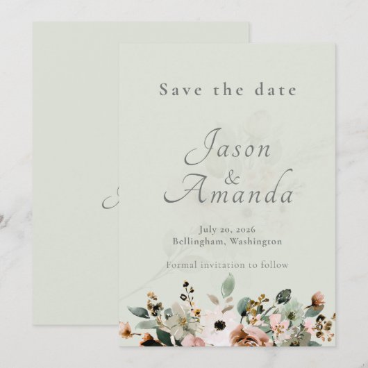 Soft Sage Botanical Save the Date Wedding 招待状 (正面/裏面)