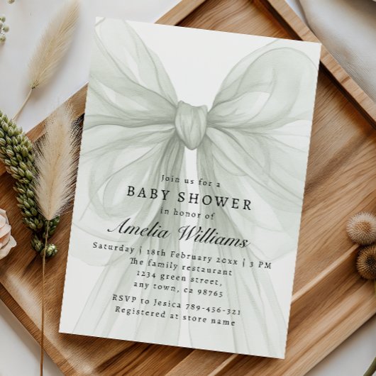 Soft Sage Bow Elegant Neutral Baby Shower 招待状