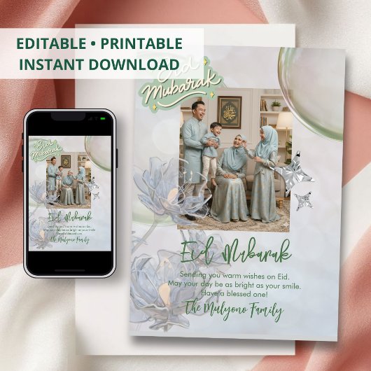 Soft Sage Floral Eid Mubarak Family Photo Card  シーズンカード