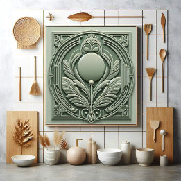 Soft Sage Green Art Deco Symmetric Botanical Motif タイル