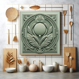 Soft Sage Green Art Deco Symmetric Botanical Motif タイル