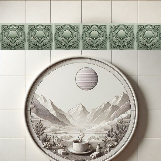 Soft Sage Green Art Deco Symmetric Botanical Motif タイル