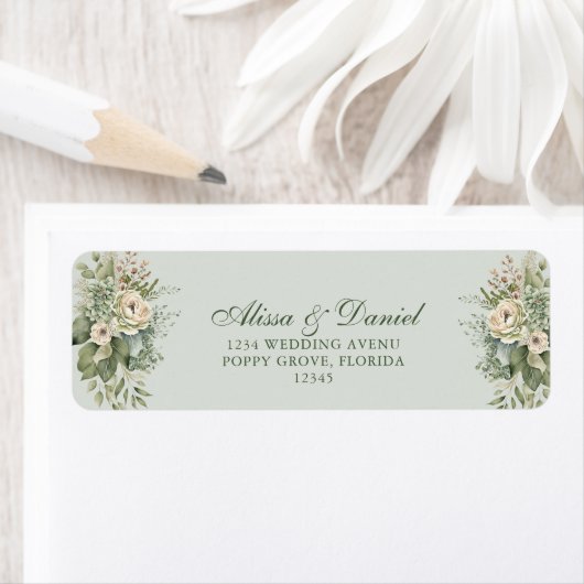 Soft Sage Green Floral Address Label ラベル (インサイチュ)