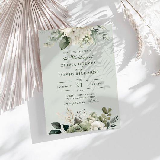 Soft Sage Green Floral Classic Wedding Invitation 招待状