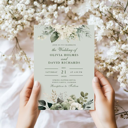 Soft Sage Green Floral Classic Wedding Invitation 招待状