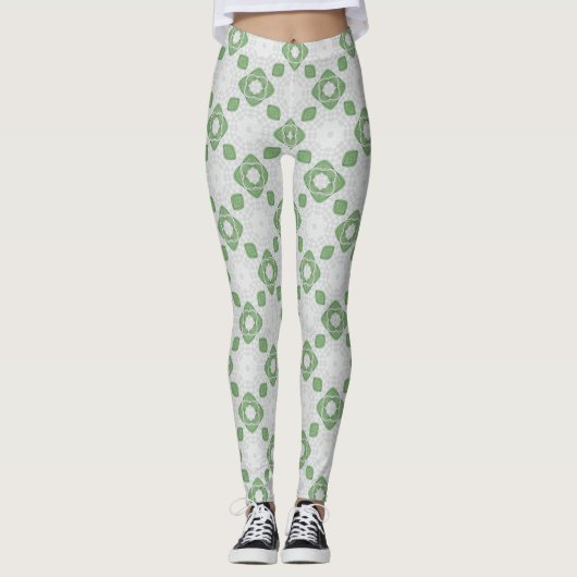Soft Sage Green Floral Geometric Pattern Leggings レギンス (正面)