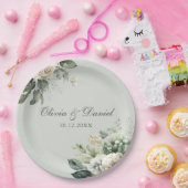 Soft Sage Green Floral Paper Plate ペーパープレート (パーティー)