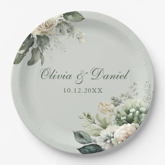 Soft Sage Green Floral Paper Plate ペーパープレート (正面)