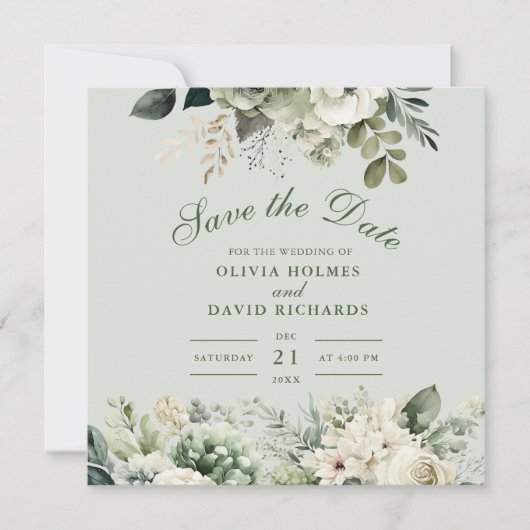 Soft Sage Green Floral Save The Date Card セーブザデート (正面)