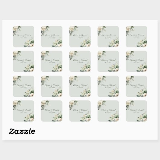 Soft Sage Green Floral Wedding Sticker スクエアシール (シート)